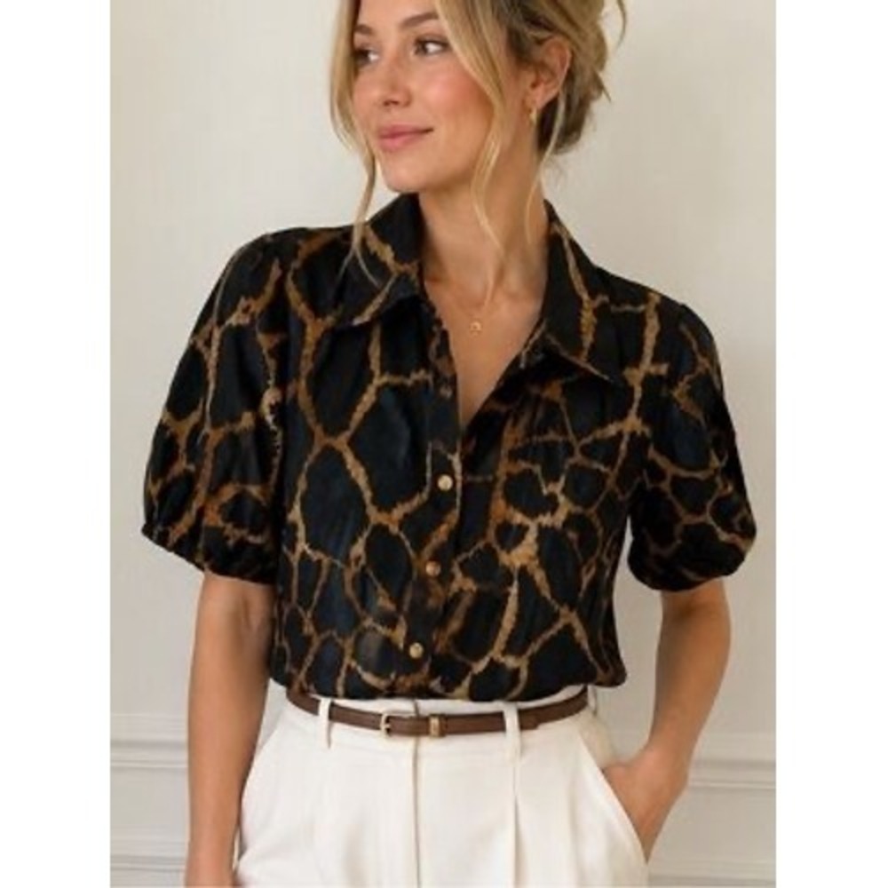 MILLY Animal Print Button Front Blouse Viscose Linen Size M